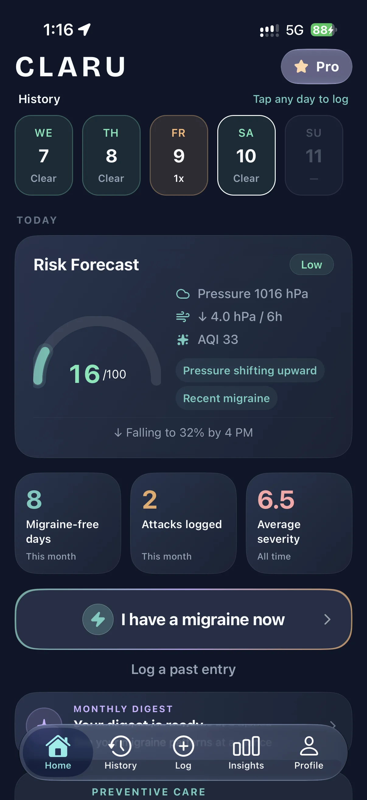 Claru home screen with 7-day migraine risk forecast