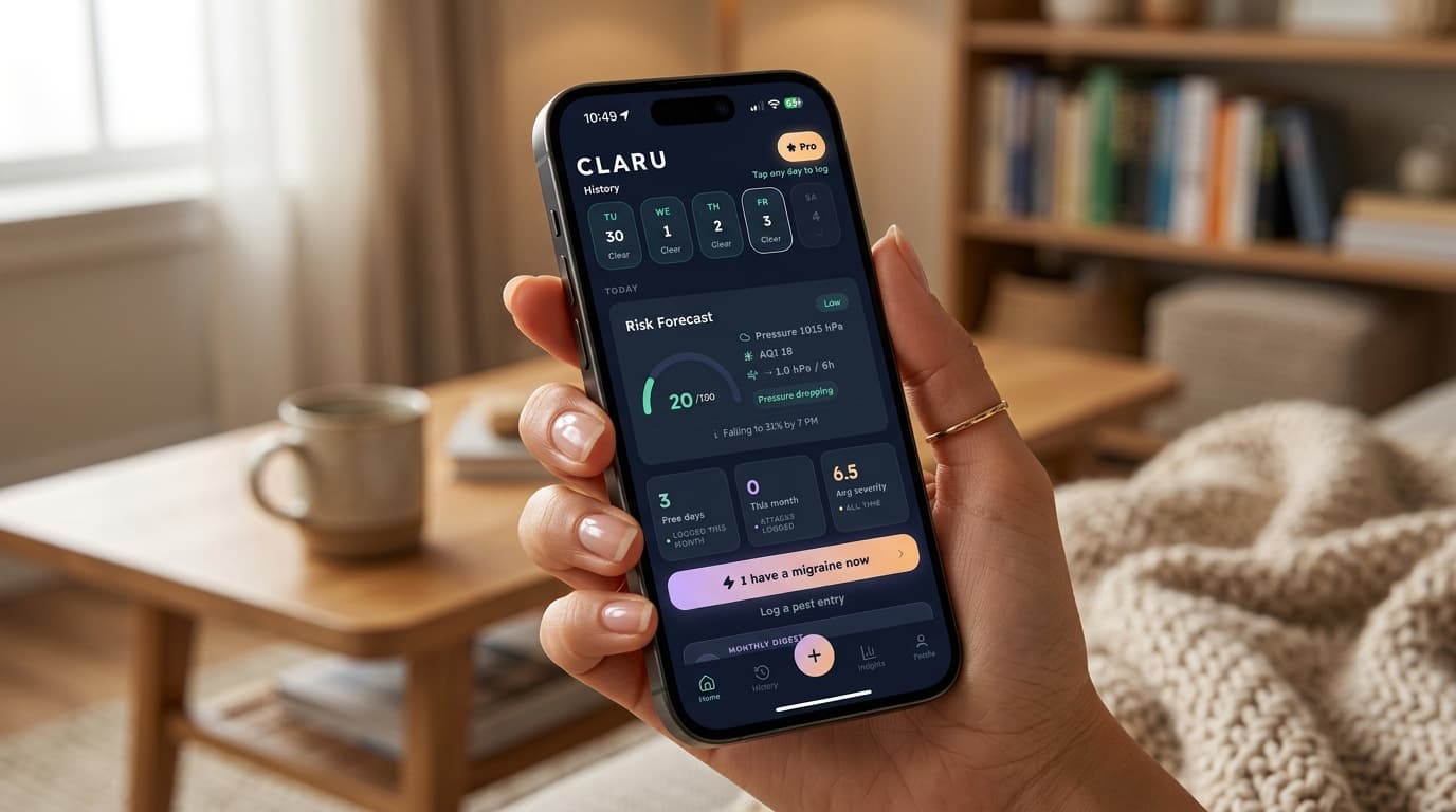 Person holding a phone showing the Claru migraine tracker